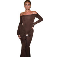 BUNO-Vestido de fiesta elegante con hebilla de Metal fruncido de cinta cuello de barra de manga completa ajustado fiesta de cumpleaños ajustado largo - details 29