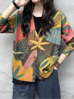 Suéter de mujer de lujo suelto con estampado floral Masss Wasss de primavera cardigan de talla grande con cuello en V de algodón y poliéster para el ocio lavado a mano - details 2
