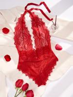 Peluche De Encaje Floral Sin Espalda Con Escote En V Profundo, Lencería Sexy Y Ropa Interior Para Mujer - details 0