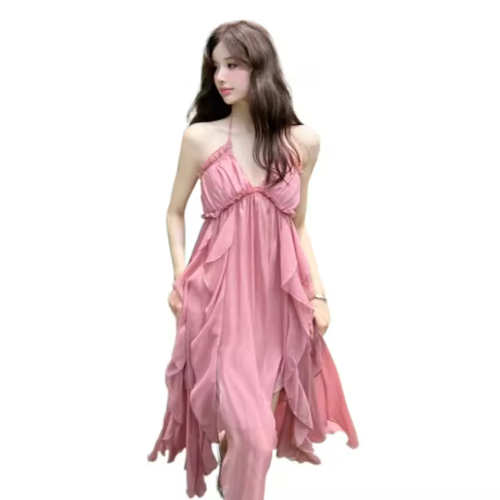 Vestido rosa con tirantes y cuello halter para vacaciones, foto junto al mar, exquisito vestido de playa de hadas, falda para vacaciones en la isla - 1