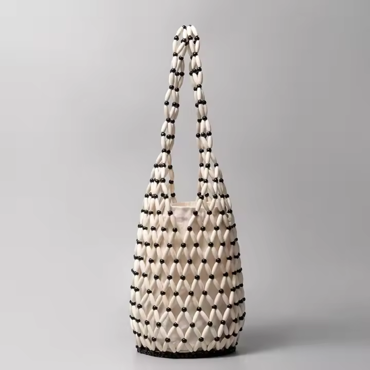 Bolso de Mano Tejido para Mujer Bolso de Hombro Tipo Bombonera con Cuentas de Madera Hueca de Diseño de Verano Bolso de Playa de Lona con Red Reticulada - 1