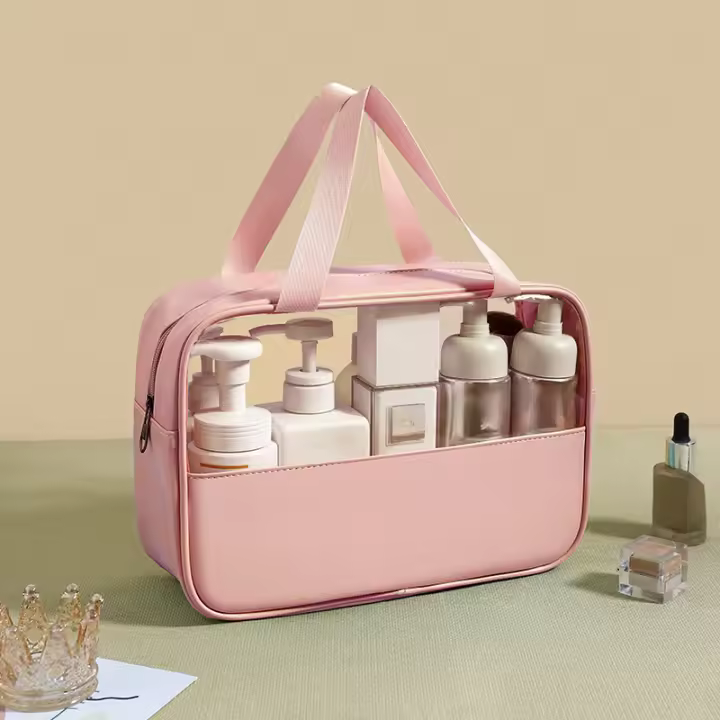 Bolsa de maquillaje transparente e impermeable de PU de gran capacidad, bolsa de almacenamiento para viajes y uso diario. - 1