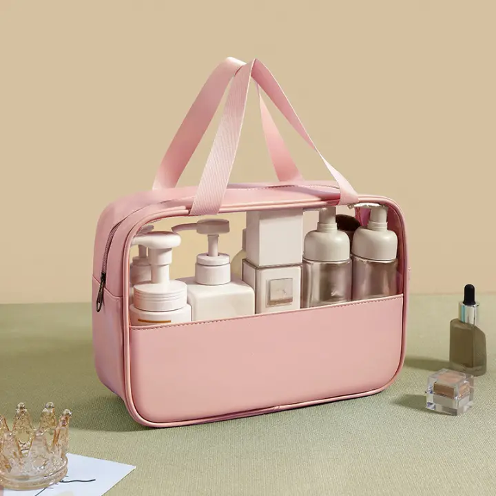 Bolsa de maquillaje transparente e impermeable de PU de gran capacidad, bolsa de almacenamiento para viajes y uso diario. - 1