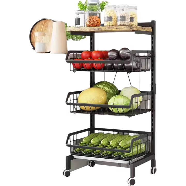 Carrito Cocina,Carro de 4 Niveles con de Cesta Ruedas bloqueables,para el hogar,Restaurante(Tabla de Madera) - 1