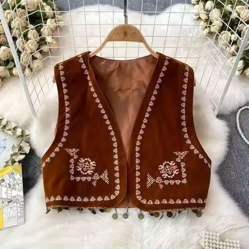 Camiseta bohemia, chaleco de punto sin mangas con cuello en V, moda folk independiente para mujer, retro, Almiti, 2024 - 1