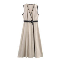 TRAFZA-vestido Midi elegante de verano para mujer, vestidos plisados ​​adornados con forro abierto y mezcla con cinturón y cuello en V sin mangas para oficina - details 1