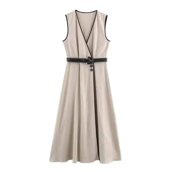 TRAFZA-vestido Midi elegante de verano para mujer, vestidos plisados ​​adornados con forro abierto y mezcla con cinturón y cuello en V sin mangas para oficina - 1