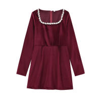 Elegante Vestido de Terciopelo con Cuello Cuadrado y Manga Larga Vestido de Fiesta de Cintura Alta para Mujeres Vestido de Noche con Cuentas - details 8
