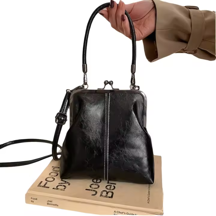 Bolso de hombro elegante con cierre de beso, bolso cruzado de estilo chino Retro de cuero PU, bolso de mujer Vintage de gran capacidad de Color sólido - 1
