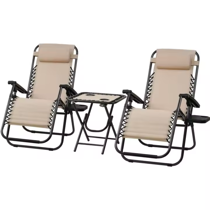 2 Tumbonas o Sillas de Exterior Plegables y reclinables con mesita para jardín, Playa, Piscina, terraza. Gravedad Zero 2 Unidades, Acero Ligero, Portavasos y Reposacabezas. Beige - 1