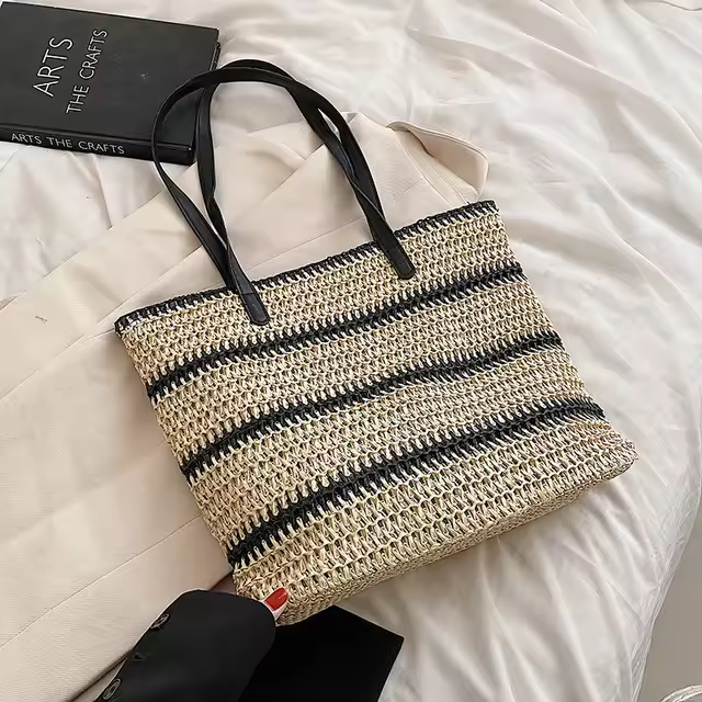 Bolso de hombro de paja a rayas de verano para mujer, bolso de mano de gran capacidad, bolso de viaje para playa, bolso de mano informal para compras, bolso de mano - 1