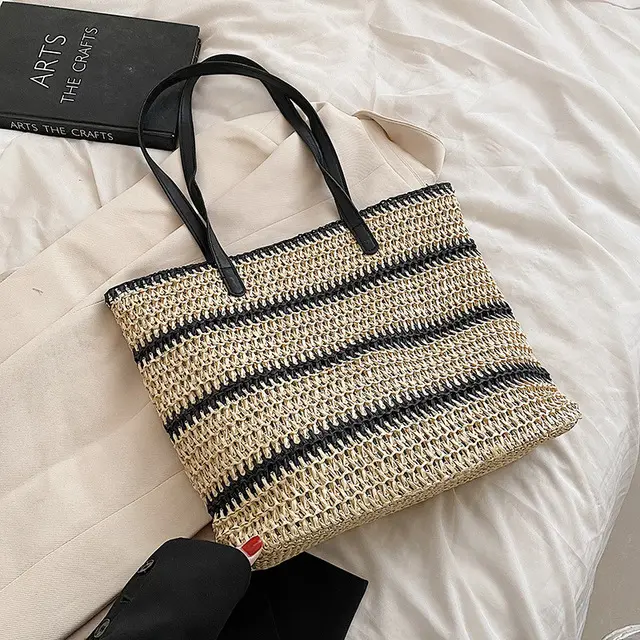 Bolso de hombro de paja a rayas de verano para mujer, bolso de mano de gran capacidad, bolso de viaje para playa, bolso de mano informal para compras, bolso de mano - 1