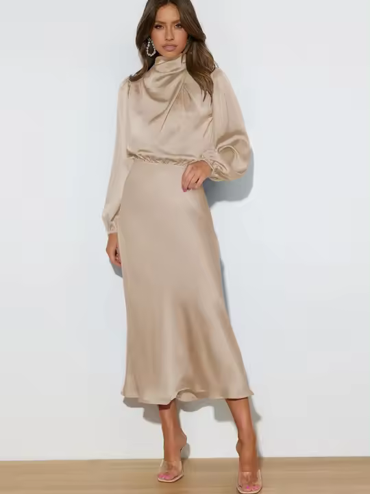 Primavera Verano nueva gama alta satén manga larga elegante vestido de noche para mujeres ropa de fiesta vestidos de celebridades - 1