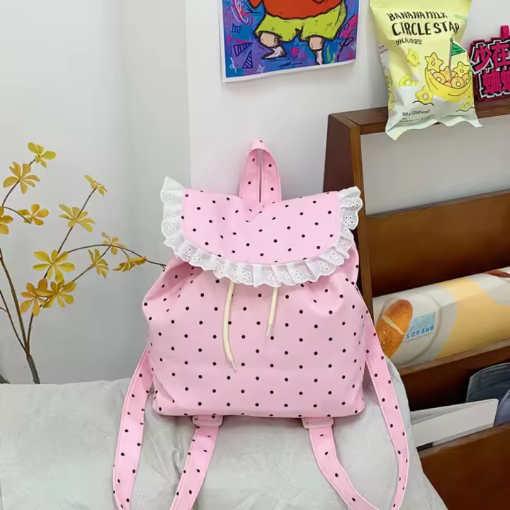 Nueva mochila Kawaii con volantes, bonita mochila con cordón para exteriores, mochila de viaje informal dulce para niñas - 1