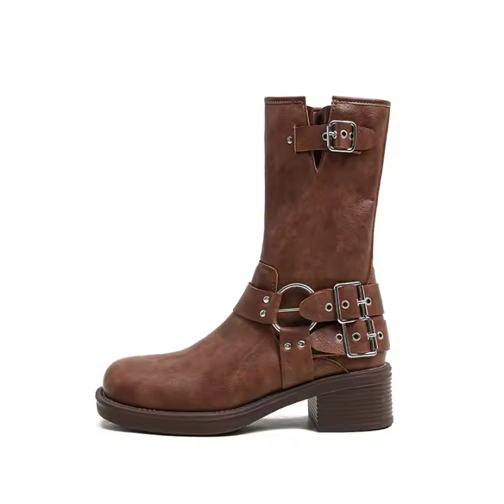 Botas cortas de punta redonda con hebilla de cuero, tacón grueso y suela gruesa. Botas occidentales de hombre de altura media. - 1