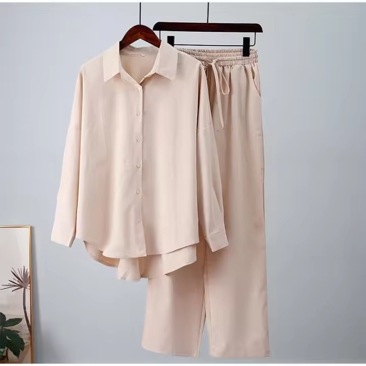 Conjunto de 2 piezas para mujer, camisa de manga larga elástica holgada y pantalones de pierna ancha, informal, para otoño e invierno - 1