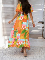 2025 Primavera / Verano Casual Bomisia Vacaciones Estilo Estampado Contraste Color Cuello en V Cintura alta Vestido de manga corta - details 7