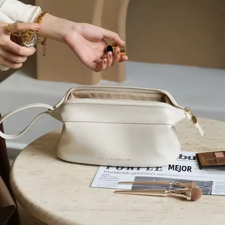 Bolso De Maquillaje Multifuncional Para Mujer De Cuero PU Gran Capacidad Con Doble Cremallera Portátil Para Viajes Almacenamiento De Brochas Y Artículos De Higiene Personal - 1