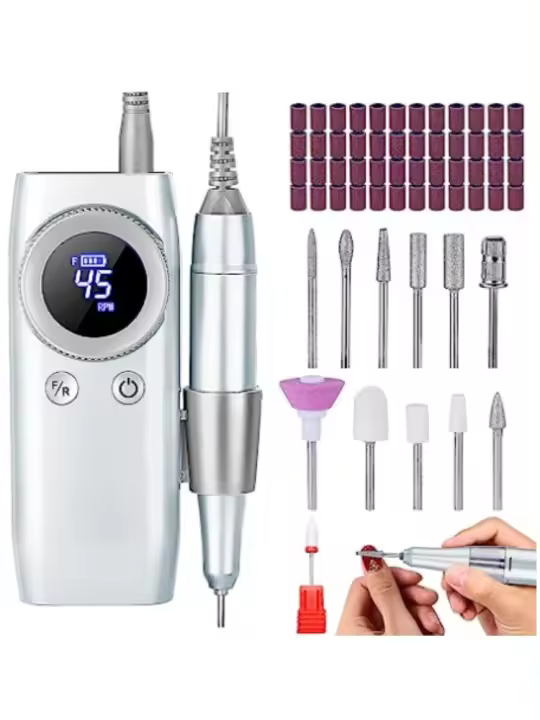 Torno Profesional para Uñas Portátil 45000RPM, Recargable, Inalámbrico con 12 Cabezas de Pulido y 48 Cintas Abrasivas Ideal para Manicura y Pedicura, Compatible con Gel o Acrilicas Pantalla LCD Incluida - 1