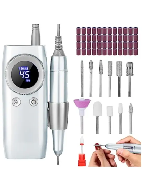 Torno Profesional para Uñas Portátil 45000RPM, Recargable, Inalámbrico con 12 Cabezas de Pulido y 48 Cintas Abrasivas Ideal para Manicura y Pedicura, Compatible con Gel o Acrilicas Pantalla LCD Incluida - 1