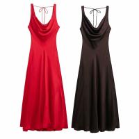 2025 verano nueva ropa de mujer textura de satén de seda vestido de tirantes largo vestido de fiesta con cuello en V para mujer - details 1