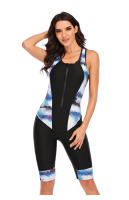 Traje de baño de una pieza con cremallera y bloque de color sin mangas, traje de buceo y surf de piernas de longitud media - details 8