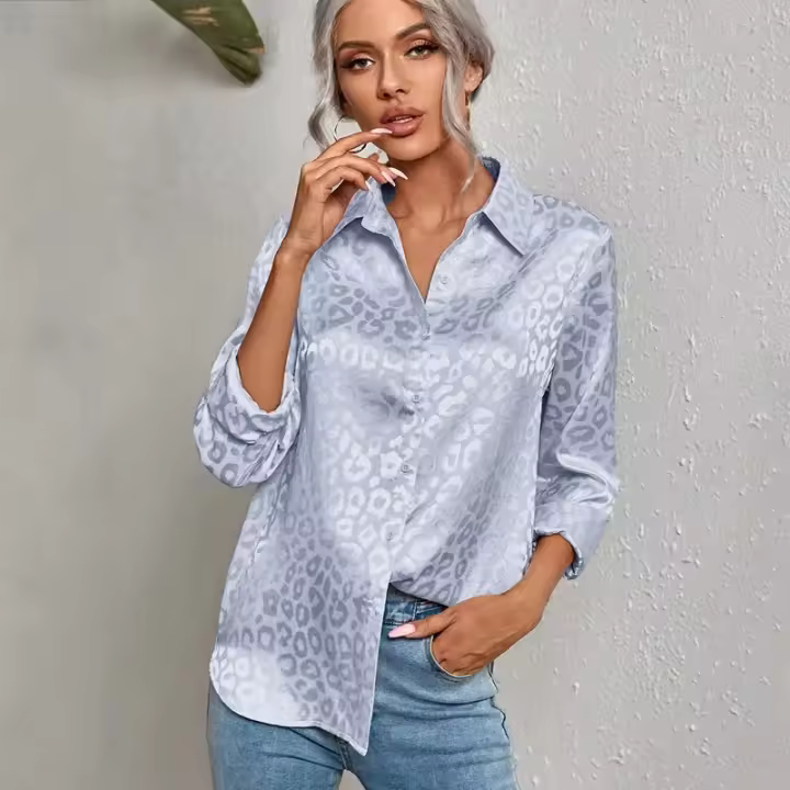 Blusa De Seda Casual Leopardo Para Mujer Camisa De Oficina Con Botones Manga Larga Ajustable Estilo Elegante Tops Blusas - 1
