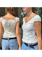 Camisetas Estéticas Vintage para Mujer Manga Corta, Cuello en V, Botones con Lazos - details 4