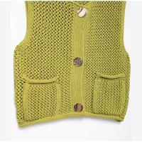 Chaleco de punto con cuello redondo para mujer, cárdigan elegante sin mangas con bolsillo y botones, color verde, moda de otoño - details 1