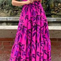 2025 Vestido con colgante de volantes largos y cuello redondo estampado para mujer con dopamina - details 7