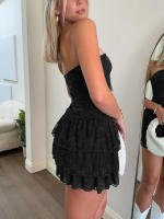 Vestido informal con gradas para mujer, falda de tubo con bordado de encaje halter sin mangas en negro - details 4