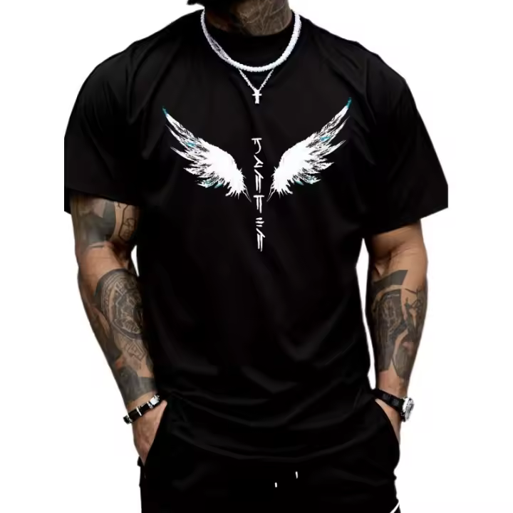 Camiseta Casual con Estampado de Caligrafía Japonesa de Alas de Ángel Cuello Redondo, Manga Corta, Ligera para Gimnasio y Ocio Moda Casual para Hombres - 1