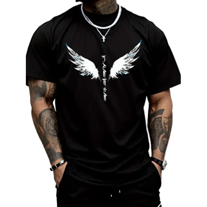 Camiseta Casual con Estampado de Caligrafía Japonesa de Alas de Ángel Cuello Redondo, Manga Corta, Ligera para Gimnasio y Ocio Moda Casual para Hombres - 1
