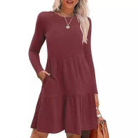 Vestido de manga larga con suéter hasta la rodilla informal con bolsillo y cuello redondo para mujer - details 5