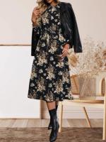 Vestido floral pequeño con cuello redondo y mangas largas con cordones y cintura - details 4
