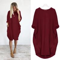 2025 nuevo vestido suelto Casual para mujer con bolsillo moda para mujer vestido sólido cuello redondo Camisetas largas camiseta ropa de calle de talla grande - details 3
