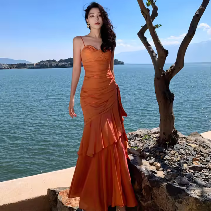 Vestido naranja ondulado con volantes, empalme ligero, vestido de lujo para bar mitzvá - 1