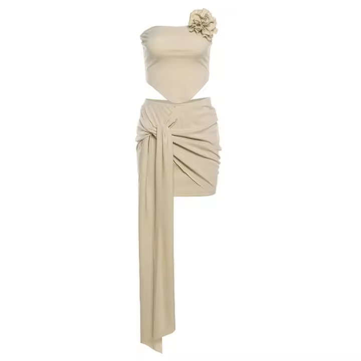 BUNO-Conjunto elegante de 2 piezas de gato extraño para mujer Y2K, Tops sin tirantes con flores de verano + nudo de melocotón a juego a la cadera, ropa para discoteca de vacaciones de tendencia de verano - 1