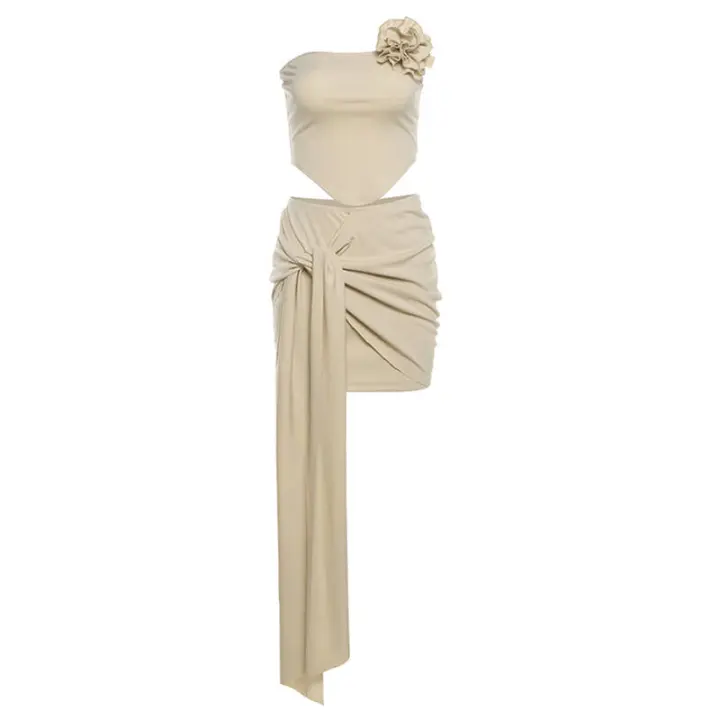 BUNO-Conjunto elegante de 2 piezas de gato extraño para mujer Y2K, Tops sin tirantes con flores de verano + nudo de melocotón a juego a la cadera, ropa para discoteca de vacaciones de tendencia de verano - 1