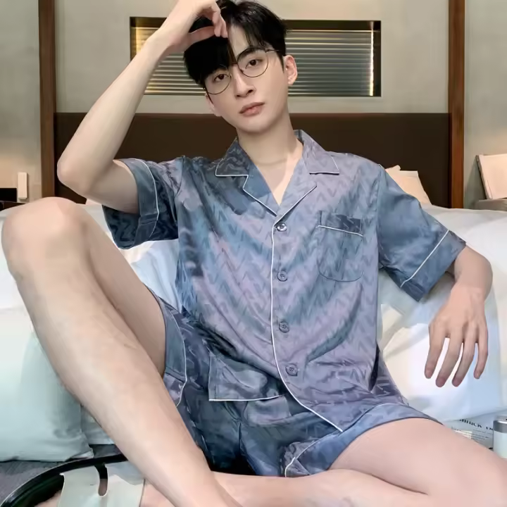 Traje de pijama Jacquard de alta calidad para hombre, pantalones cortos de seda de hielo de verano, conjunto de ropa de dormir de satén fino, ropa de estar por Casa de talla grande, ropa de noche masculina - 1