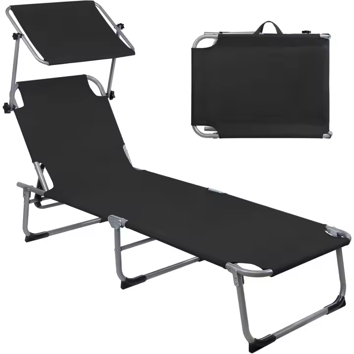 Tumbona Plegable con Parasol 195 x 59 x 32 cm Tumbona Playa Cojín Máx 150 kg Reclinable Plegables Piscina Jardín Exterior Terraza, Color:Negro - 1