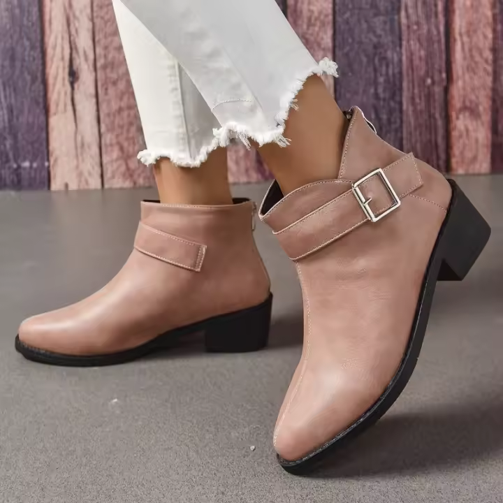 Botas cortas de estilo británico con hebilla de Metal y tacón grueso de Color liso, botas Martin para mujer, botas para mujer - 1