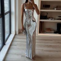 Vestido Maxi de Noche Formal para Mujer Cuello Cuadrado, Manga Ajustada, Brillo de Sequins Plateados Ideal para Fiestas - details 6