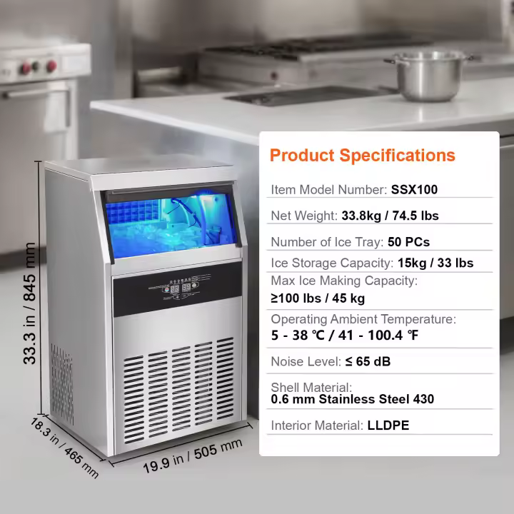 SucceBuy Máquina de Hielo Comercial, Máquina de Hielo Independiente con Almacenamiento de 33 Libras, Pantalla LED para Bar, Hogar, Oficina, Restaurante - 1