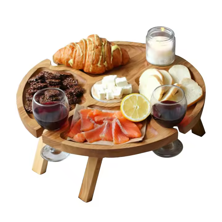Wooden Outdoor Folding Picnic Table Wine Glass Holder Mini Camping Table - 1