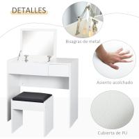 Mesa de Maquillaje con Espejo Abatible y Cajas de Almacenamiento Tocador de Maquillaje de Mesa con Taburete Blanco 80x40x79 cm y 40x30x40 cm - details 4