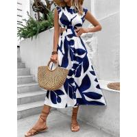 Vestido largo de mujer con estampado floral de plantas, cuello redondo, manga corta y cintura alta para el verano de 2024 - details 4