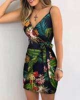 Vestido casual con cuello en V y estampado tropical para mujer, minivestido sin mangas para vacaciones de verano - details 10