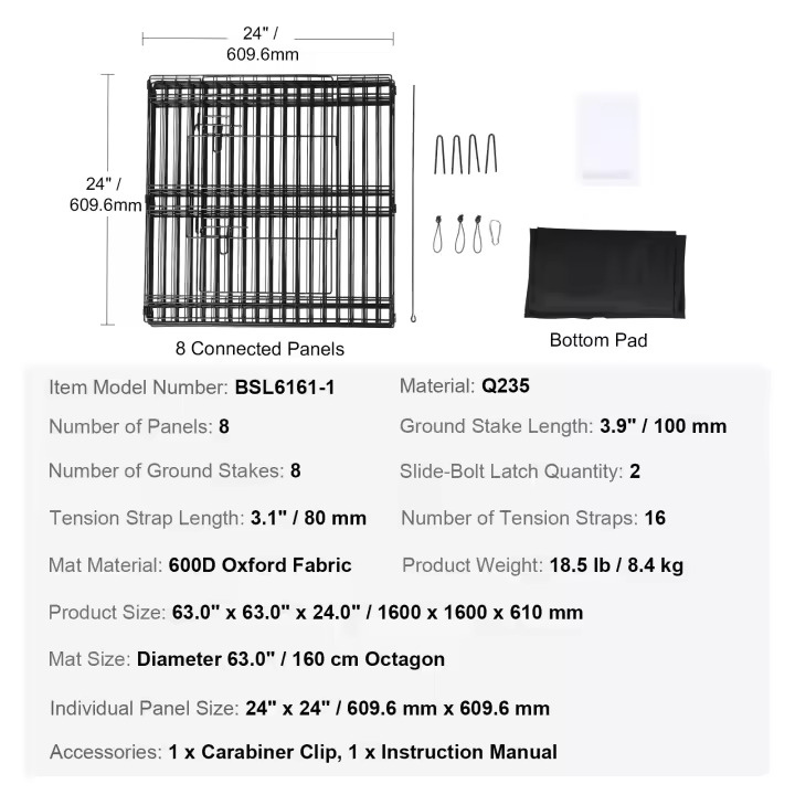 SucceBuy Corralito para perros de 8 paneles de 24 pulgadas de alto, bolígrafo plegable de metal para ejercicios para mascotas con almohadilla inferior y estacas de tierra, valla para cachorros para uso en interiores y exteriores, perrera para mascotas peq - 1