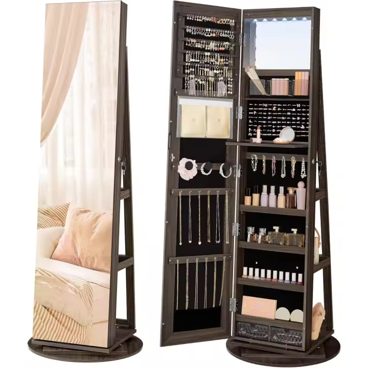 Espejo Joyero con 6 LEDs, Armario de Joyas de Giro de 360 ° , Organizador de Joyería Giratorio, sin Marco, Espejo Completo, 3 Estantes, Superficie Blanco, Forro Greige JJC007W02 - 1